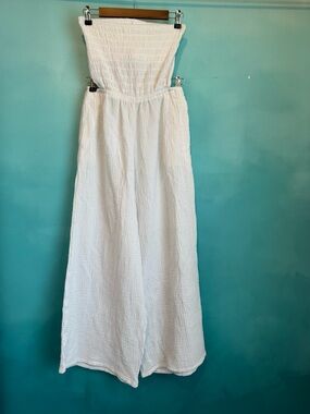 aerie White Strapless Smocked Wide-Leg Jumpsuit
